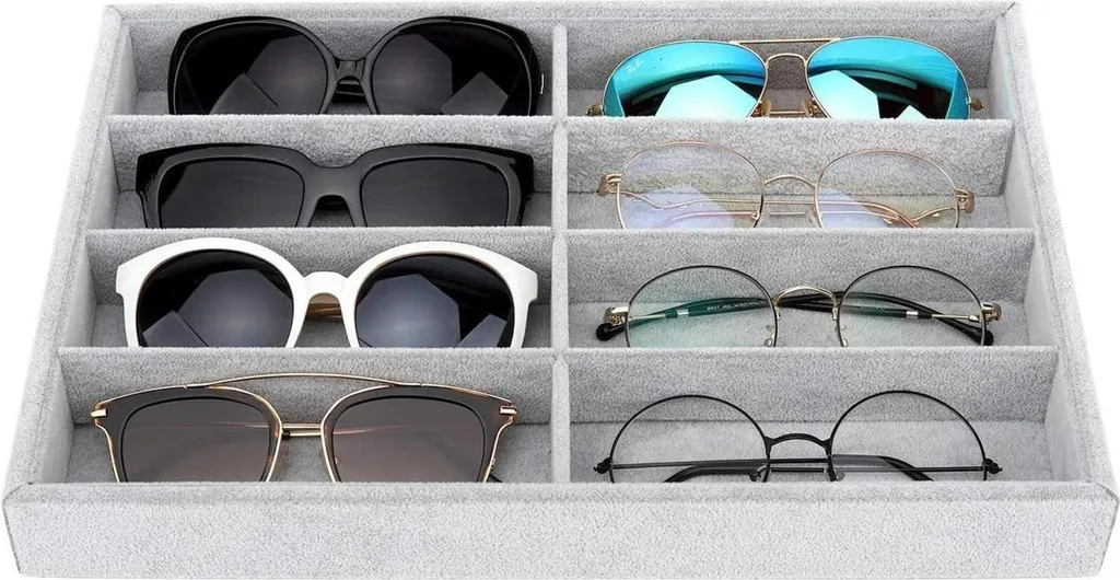 Présentoir Lunettes 8 Compartiments Doux avec Finition Gris Moderne