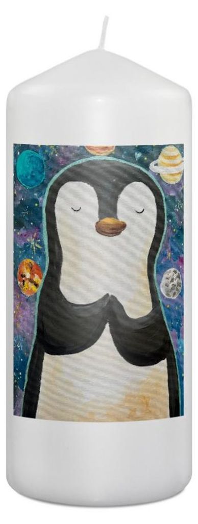 Mr. & Mrs. Panda Kerze Pinguin Universum Design 19 x 8 cm - Weiß - Geschenk, Blockkerze, Erinnerungskerze, Erinnerungslicht, Stumpenkerze, Bedruckte