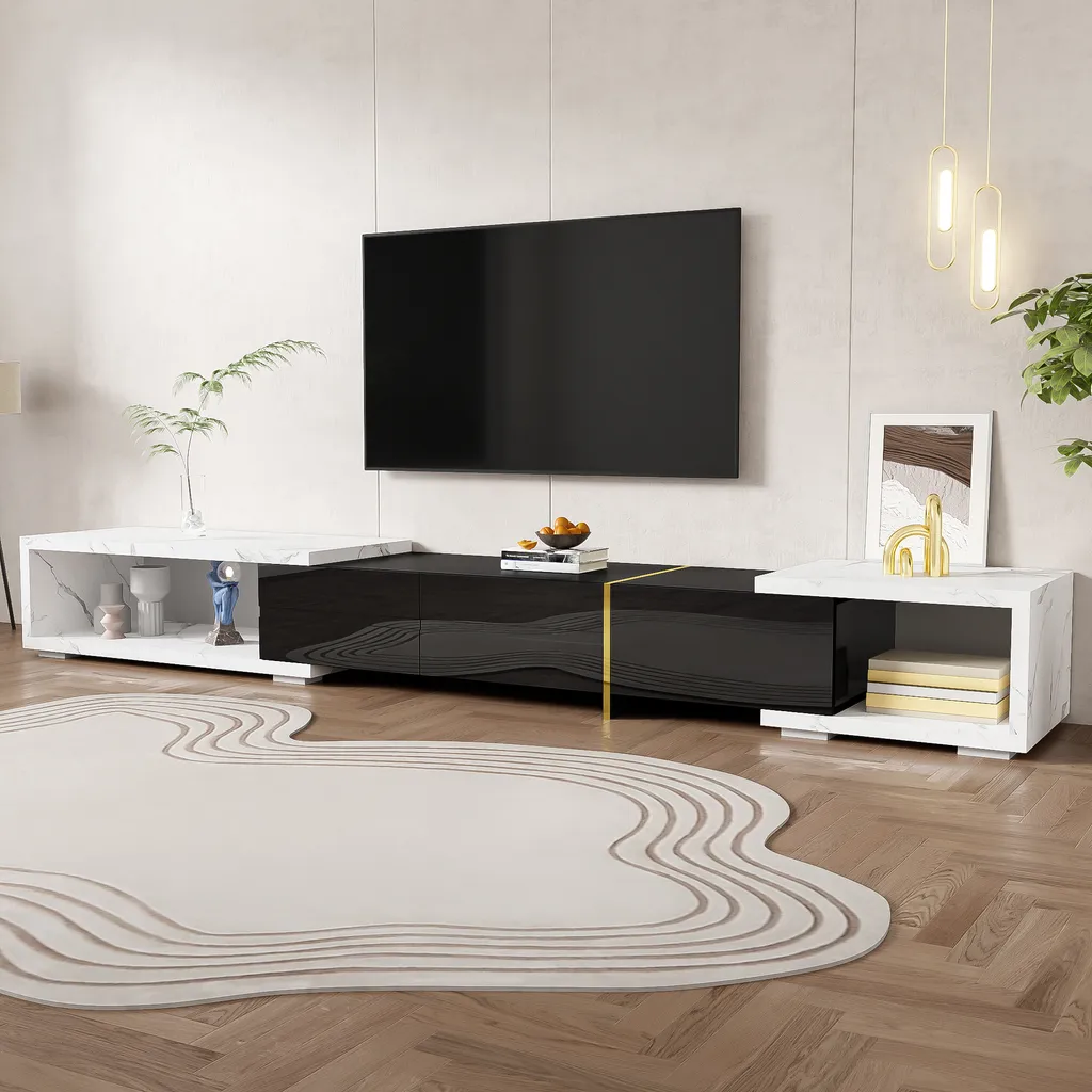 Meuble TV plateau tournant aspect marbre blanc 140 cm design bicolore