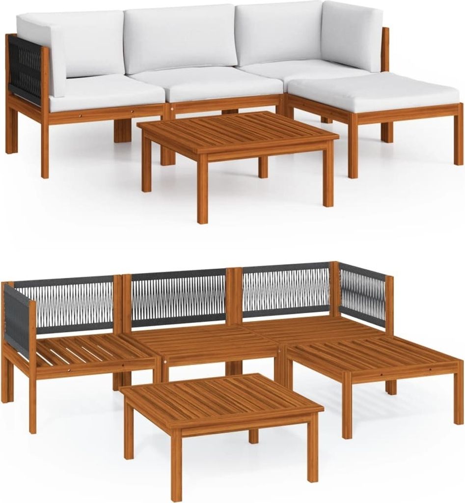 vidaXL 5-tlg. Garten-Lounge-Set mit Kissen Cremefarbenes Holz Akazie & Seil