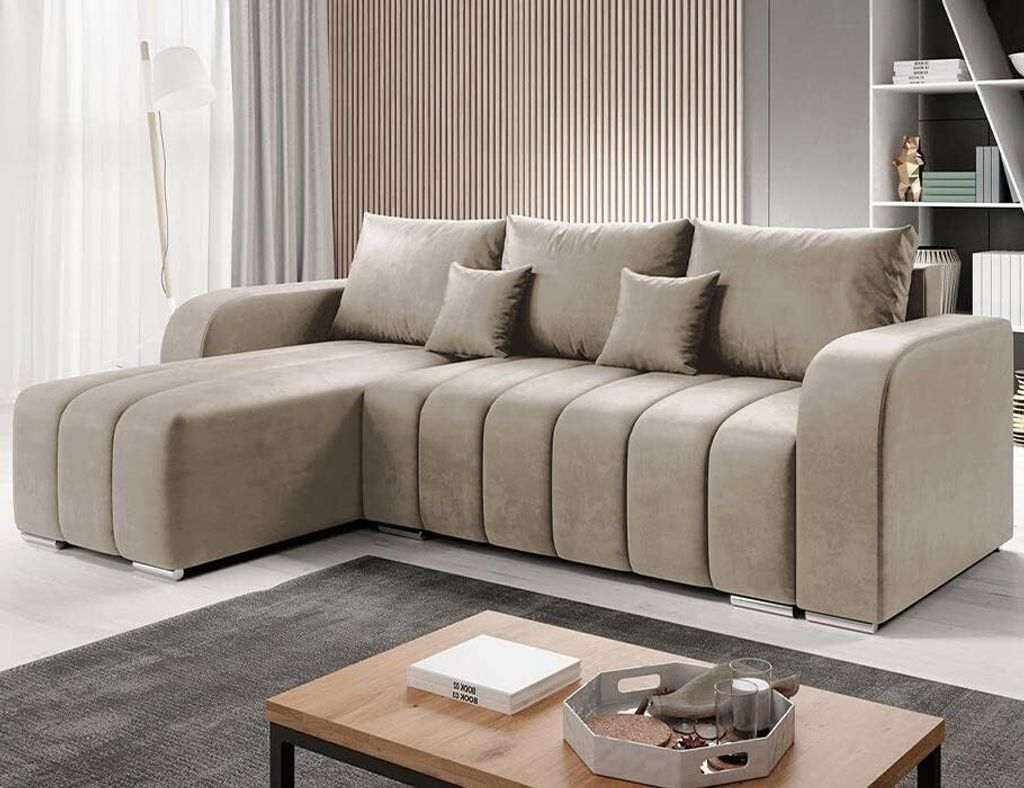 Easy4You Ecksofa Velvet L-Form – 245x86x147 cm - Schlafsofa mit Bettkasten und Schlaffunktion - Eckcouch mit Stauraum – Links – Stoff Monolit...