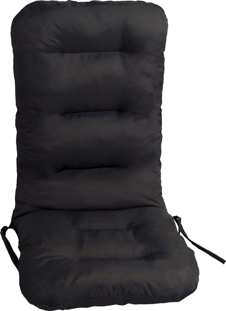 A black chair cushion on a white background.
