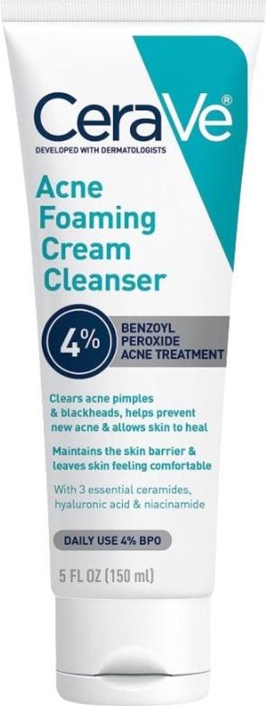 CeraVe Acne Foaming Cream Wash, Akne schäumende Waschcreme, für akneanfällige Haut, mit Benzoylperoxid 4%, 150ml