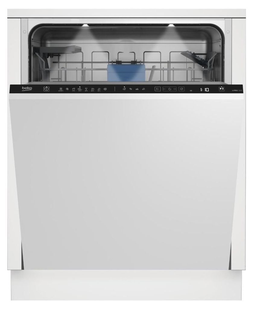 A front view of a white, fully integrated Beko dishwasher with its door open, revealing the interior racks and a blue detergent dispenser.