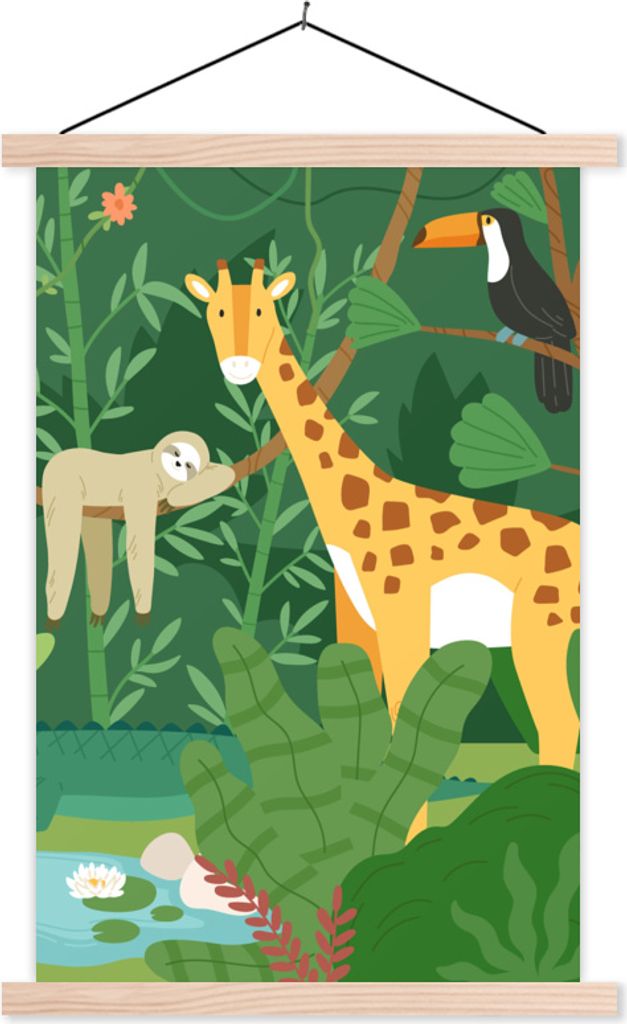 MuchoWow Textilposter Dschungel - Giraffe - Tukan - Faultier 120x180 cm mit holzfarbenen Rahmen - Textil-Plakat