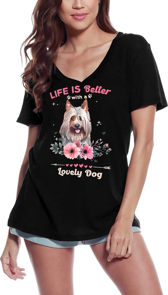 Damen Grafik T-Shirt V-Ausschnitt Das Leben eines Silky Terriers ist besser mit einem lieben Hund – Silky Terrier Life Is Better With A Lovely Dog