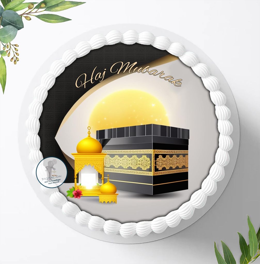 Für die Geburtstags Torte ein Tortenaufleger, Zuckerbild mit dem Motiv: Haj Mubarak, Essbares Foto für Torten, Fondant, Ø 20cm, 1640z