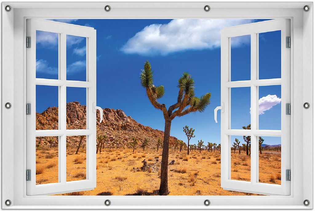 Wallario Outdoor-Poster für Garten oder Balkon 100 x 150 cm: Palmlilie im Nationalpark Yucca Valley Wüstenlandschaft