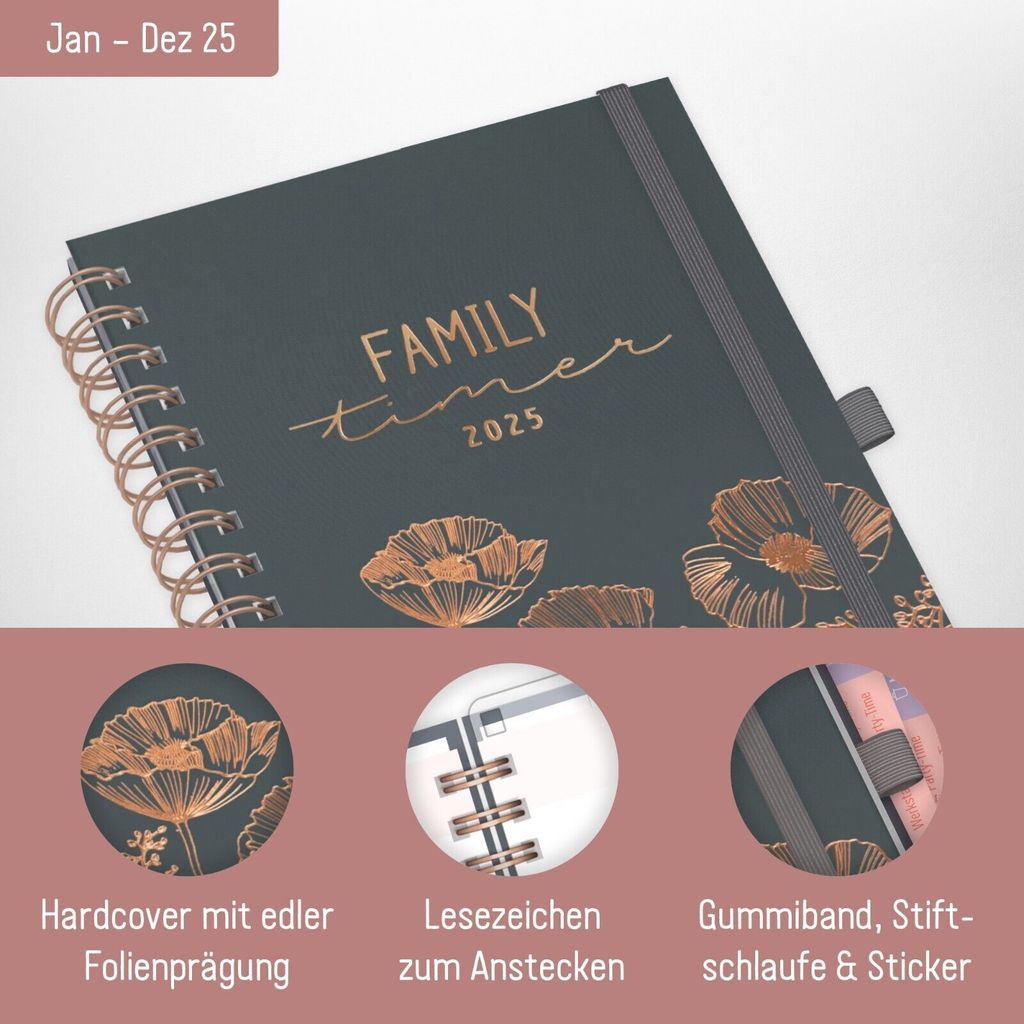 Family-Timer 2025 Deluxe A5+ / 12 Monate / Poppy / vom Produktbild 2