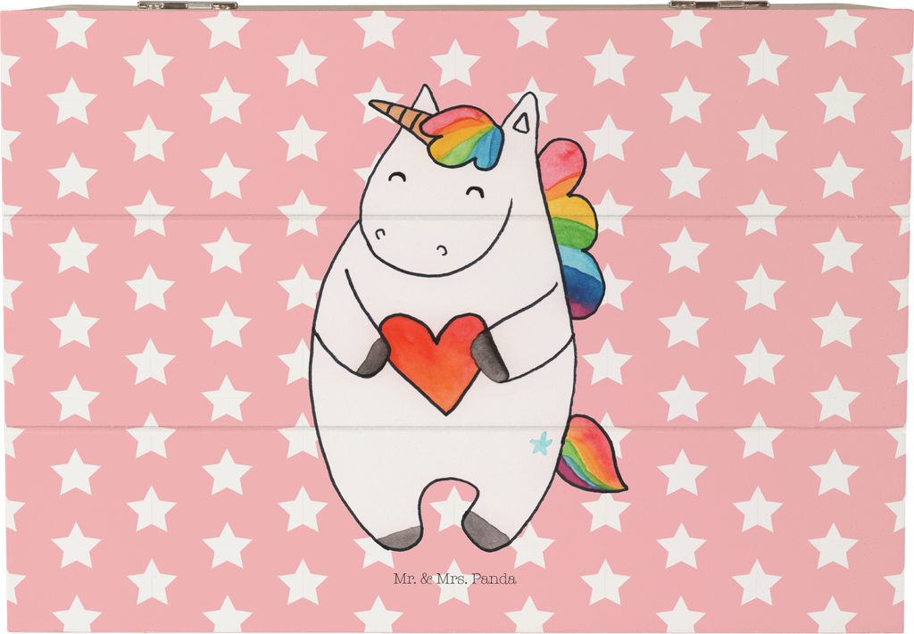 Mr. & Mrs. Panda Holzkiste Einhorn Herz 22 x 15 cm - Rot Pastell - Geschenk, Truhe, böse, Unicorn, Einhörner, Freundin, Kiste, Box aus Holz, schm...
