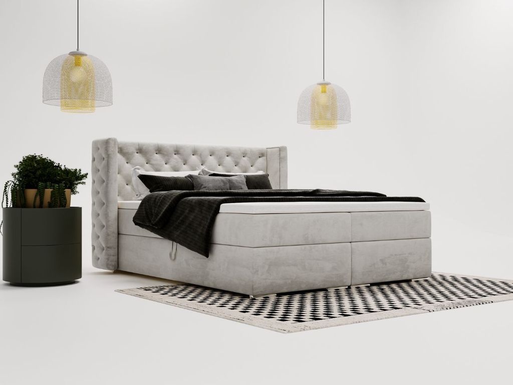 GrainGold Boxspringbett Lion 140x200 - Bett mit Matratze und Topper - Boxspringbett mit Bettkasten und Matratze - Boxspringbett Hellgrau (Magic Vel...