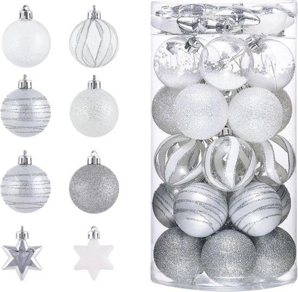 Lot de 35 Boules de Noël Blanc et Argent pour Décoration Sapin Fête