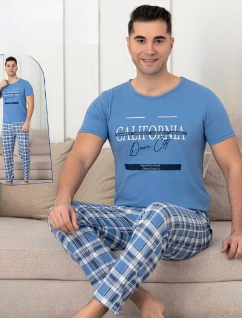Herren Pyjama Schlafanzug Blau XL Baumwolle Kurz 2-Teiler Set C-75