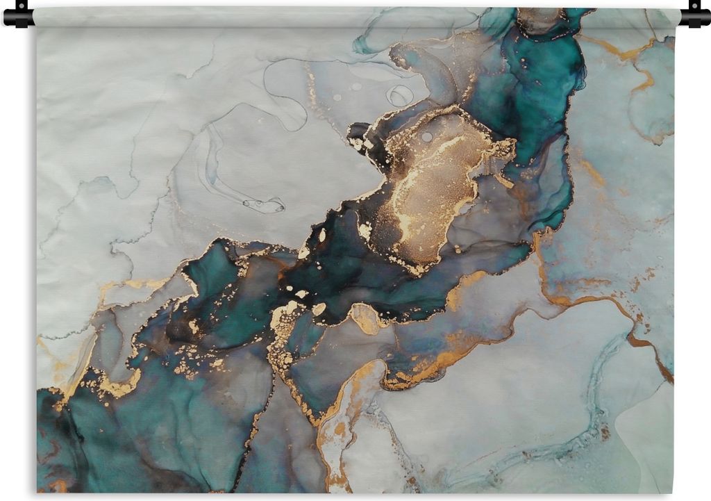 MuchoWow Wandteppich Wandbehang Blau - Marmor - Gold 150x112.50 cm Tapisserie Dekoration Wandtuch - Wanddecke - Wandteppiche