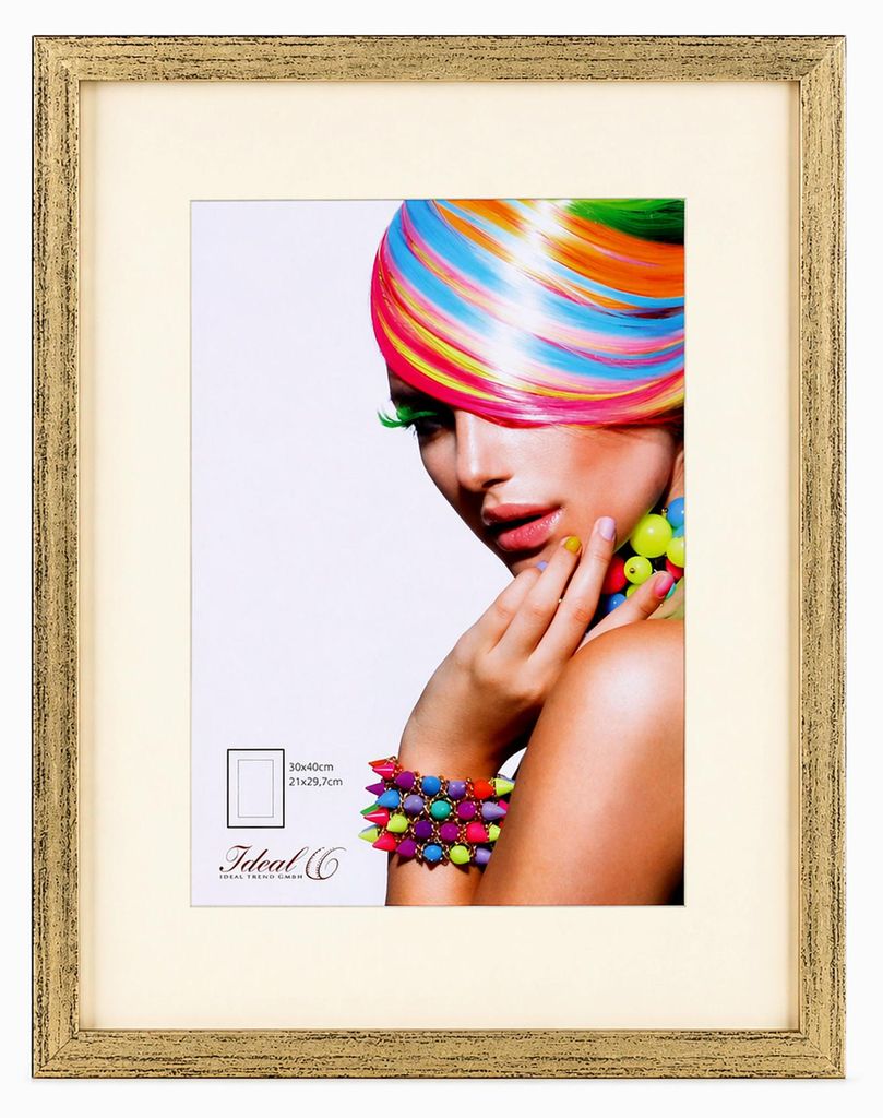 3D Objektrahmen Bilderrahmen mit Passepartout & gehärtetem Glas Holz MDF Rahmen Foto Poster - Farbe: Gold-Antik | Format: 30x40