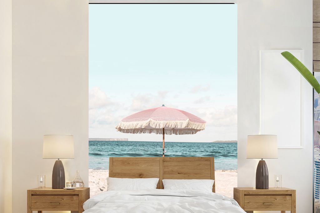MuchoWow Fototapete für Wohnzimmer oder Schlafzimmer Wandtapete Vinyl Motivtapete Sonnenschirm - Strand - Meer - Wolken - 145x220 cm - Wanddekor...