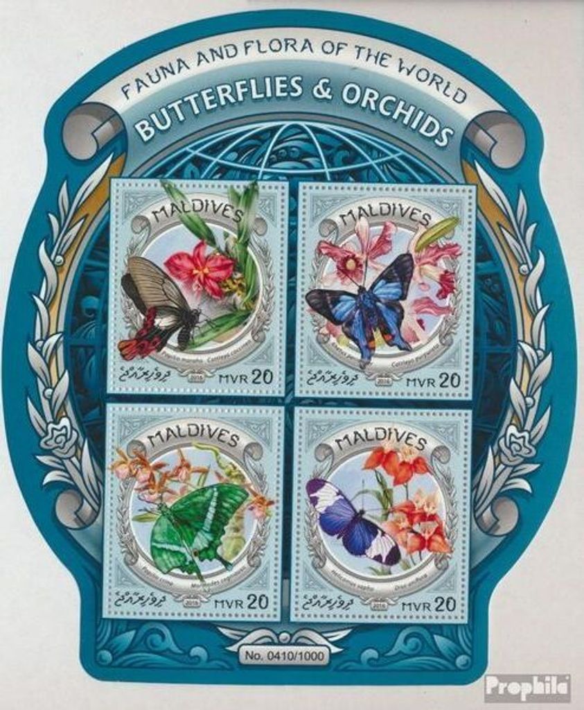 Briefmarken Malediven 2016 Mi 6325-6328 Kleinbogen (kompl. Ausg.) postfrisch Schmetterlinge und Orchideen