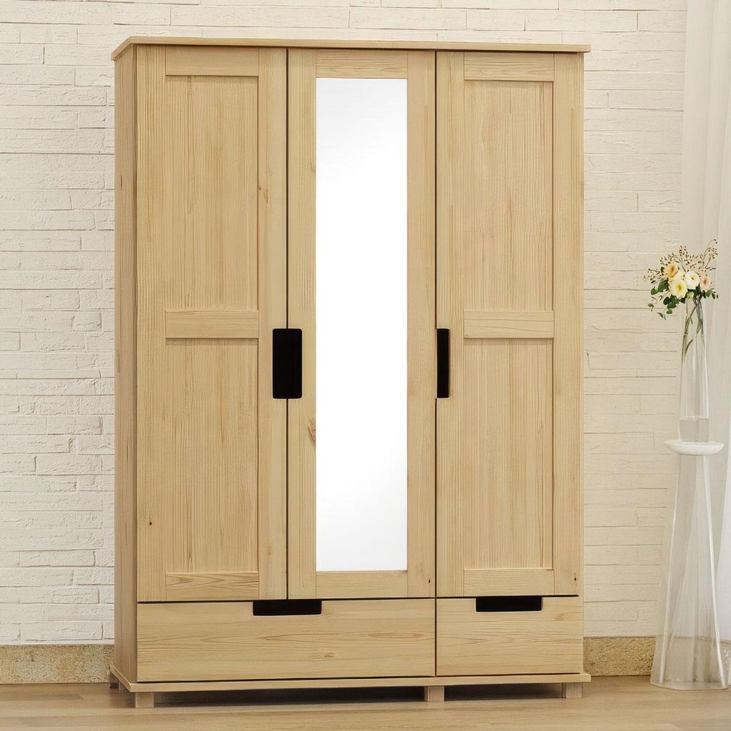 Kleiderschrank | 3 Drehtüren | 2 Schubladen | 4 Fächer | mit Kleiderstange | 150 cm breit | Massivholz | Farbe: Natur