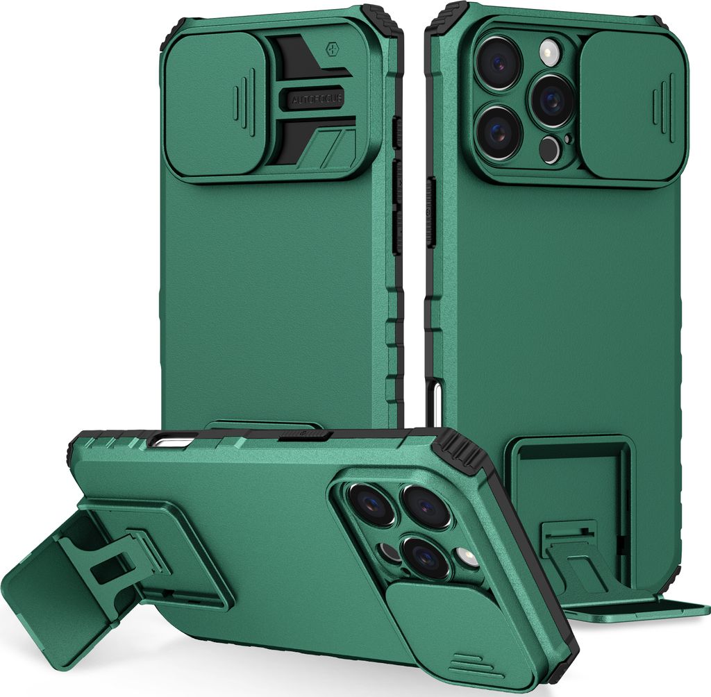 Dual Layer Hülle für iPhone 16 Pro Stossfest Robust Ständer Schutzhülle mit Schiebe Kamera Schutz Grün