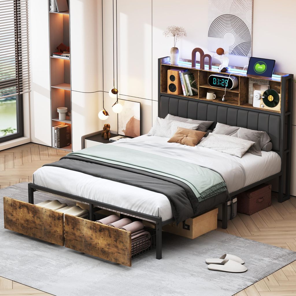 180 x 200 cm großes Stauraumbett mit Lattenrost, LED-Beleuchtung, 2 Schubladen, gepolstertem Kopfteil mit PolyurethanBezug, stabilem Metallrahmen ...