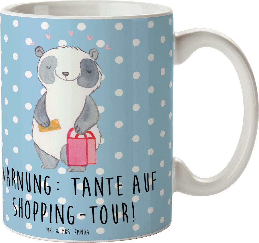 Mr. & Mrs. Panda Tasse Tante Shopping - Blau Pastell - Geschenk, Familienmitglieder, Lächeln, Dankeschön, Familie, design, Kaffeetasse, mit Spruc...