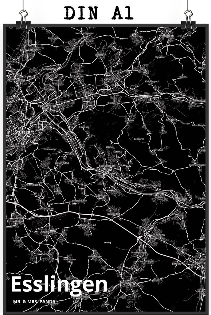 Mr. & Mrs. Panda Bild Esslingen DIN A1 - Geschenk, Stadt, drucke, Wanddekoration, Kunstdruck, Plakat, Dorf Karte Landkarte Map Stadtplan, wanddeko