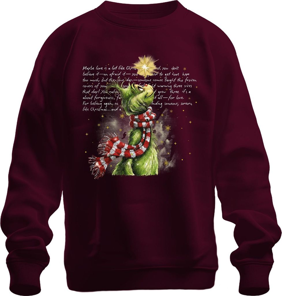 Maybe love is a lot like Christmas Grinch Weihnachten grün Stern Uni Sweatshirt Pullover, Burgundy, XXL