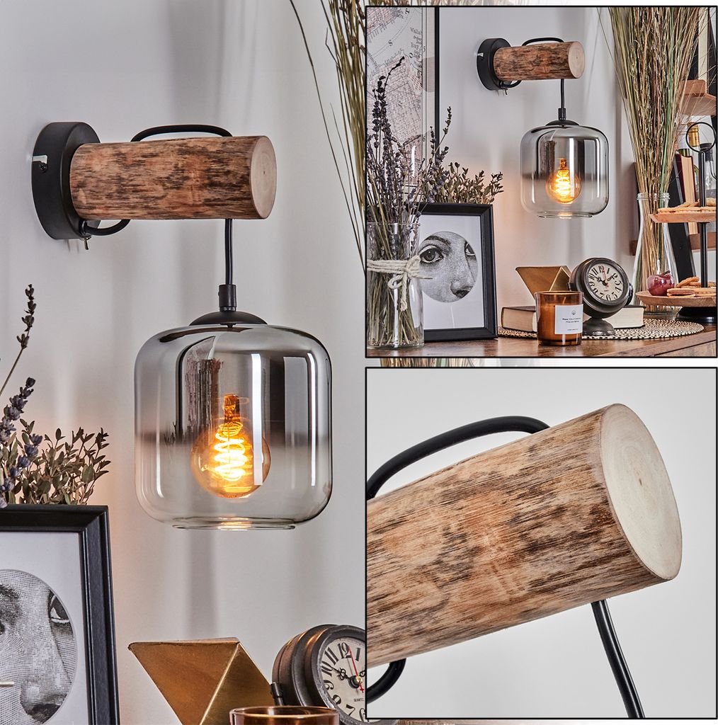 Pernate Wandlampe aus Metall/Holz/Glas in Schwarz/Natur/Chrom/Klar