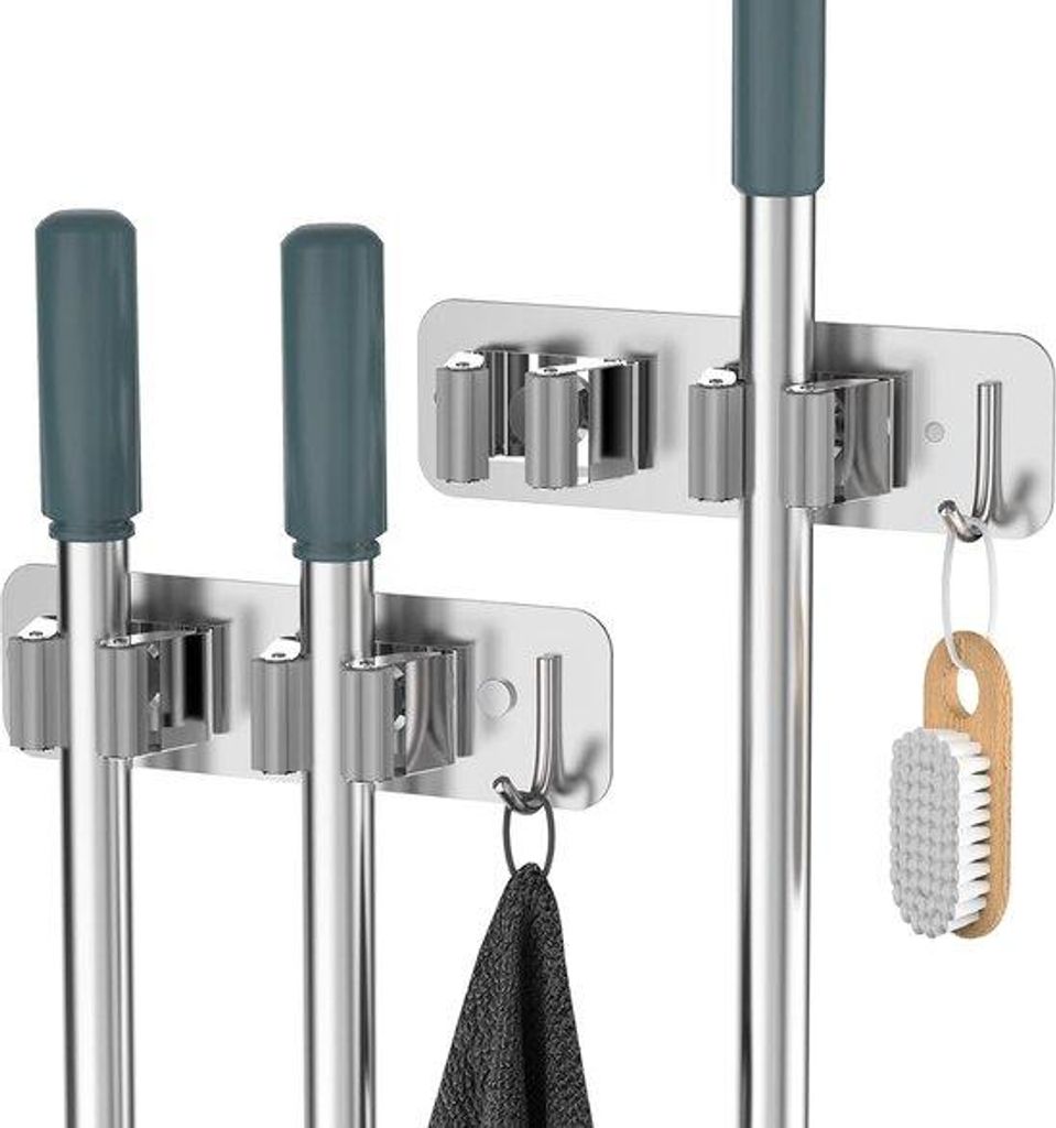 Mop-Ständer aus Edelstahl für Wandmontage, 2-in-1 Mop- und Besenhalter mit 2 Installationsmethoden, kein Bohren oder Schrauben erforderlich, robu...