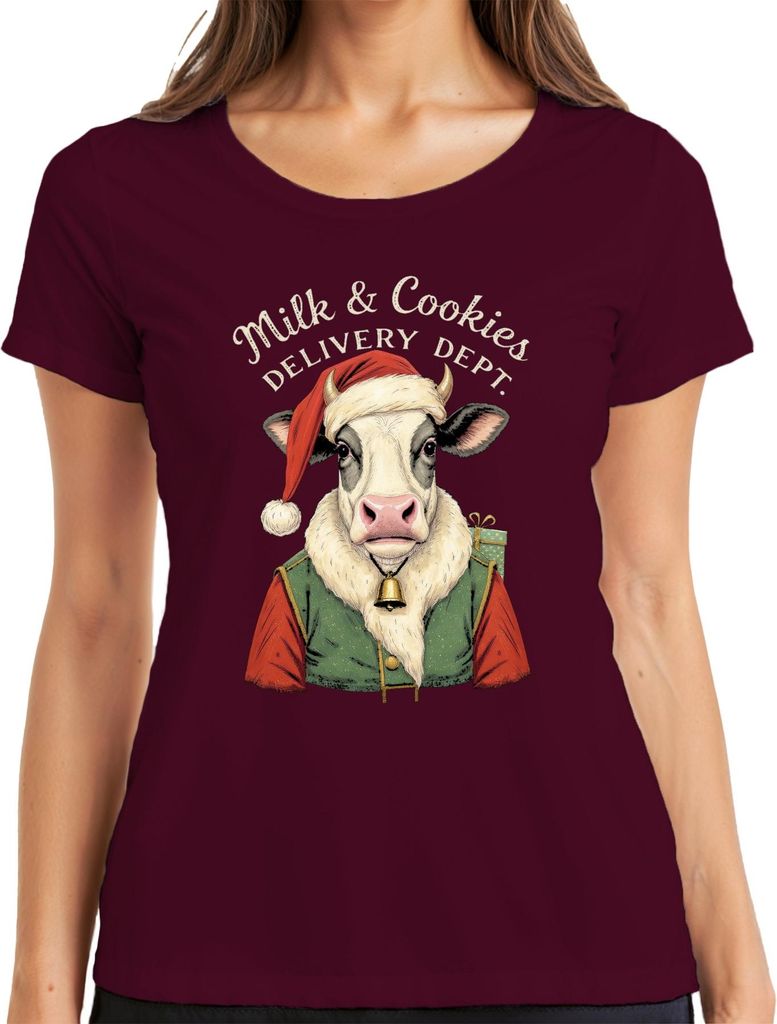Milk Cookies Delivery Dept Weihnachten Kuh Santa Geschenk Lustig Damen T-Shirt, Burgundy, L