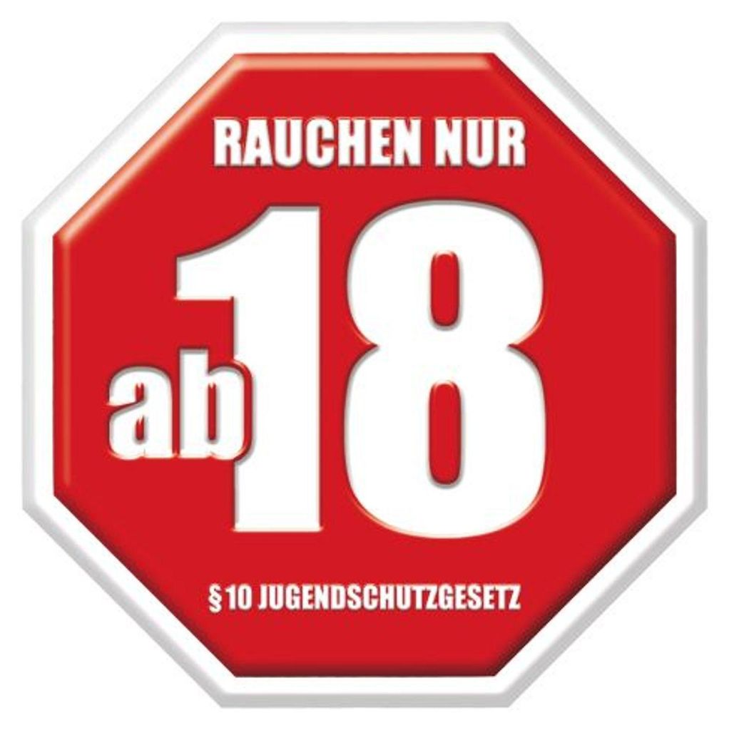 A red octagonal sign with white text and numbers indicating an age restriction for smoking.