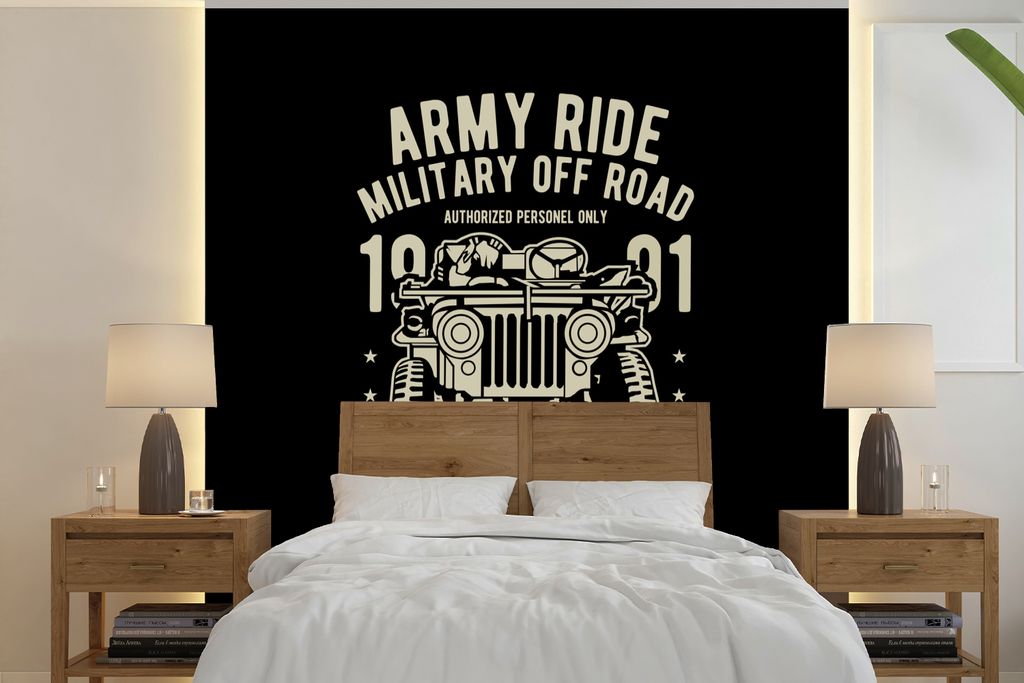 MuchoWow Fototapete für Wohnzimmer oder Schlafzimmer Wandtapete Vinyl Motivtapete Mancave - Armee - Auto - Retro - 300x300 cm - Wanddekoration