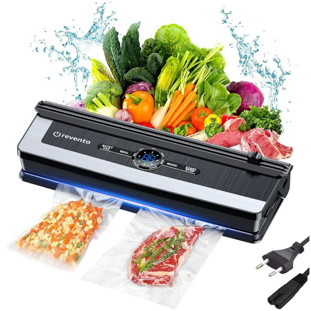 A vacuum sealer with a variety of fresh produce and raw meat displayed behind it, with two sealed bags in the foreground.