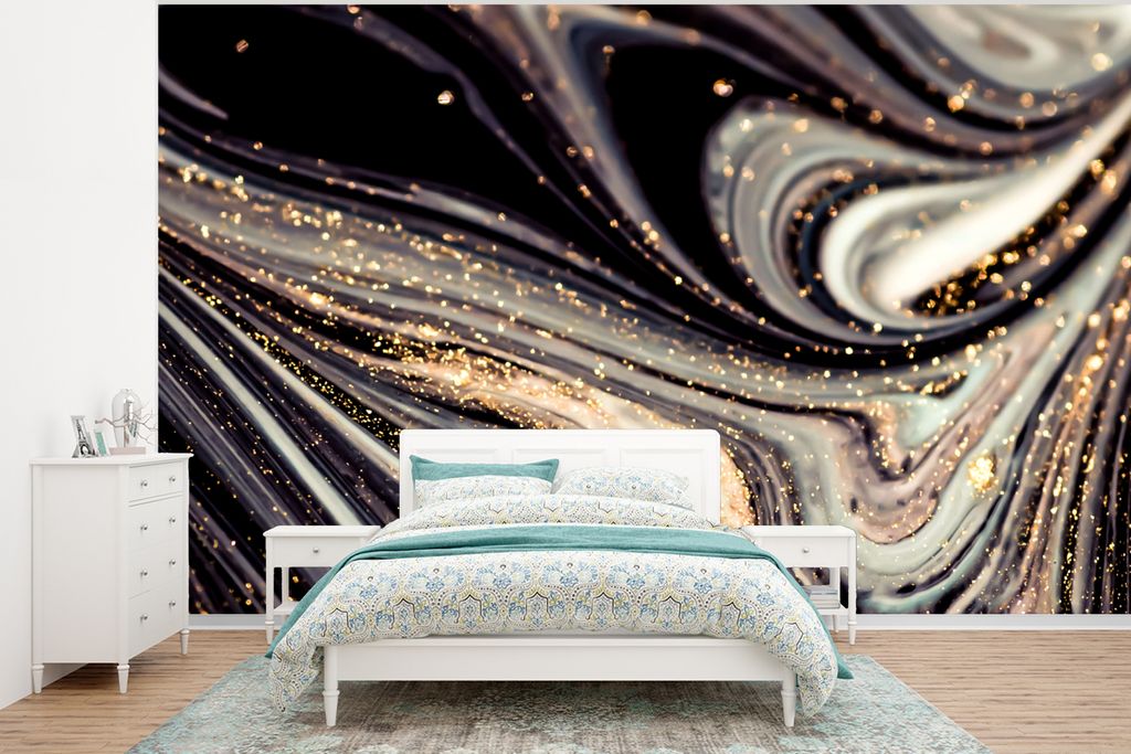 MuchoWow Fototapete für Wohnzimmer oder Schlafzimmer Wandtapete Vinyl Motivtapete Marmoroptik - Schwarz - Gold - Weiß - Glitter - Marmor - 400x...