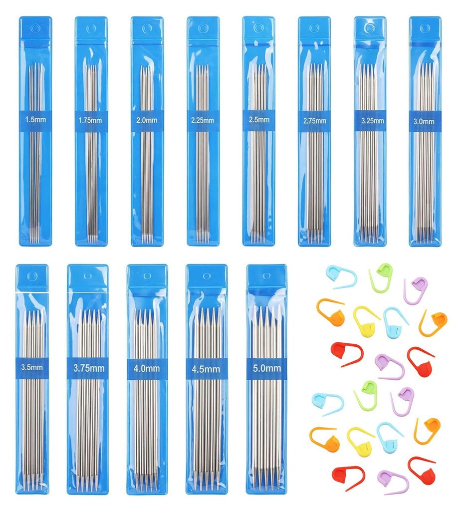 Stricknadelset, 65-teiliges Set aus zweispitzigen Stricknadeln, zweispitzige Stricknadeln aus Edelstahl, 1,5 mm - 5,0 mm mit 20 Maschenmarkierern, ...