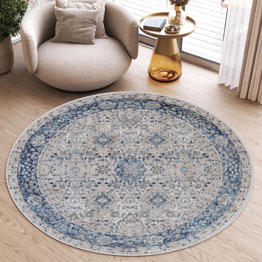 Tapiso Teppich VALLEY Rund Vintage Grau Blau Schlafzimmer 200 x 200 cm