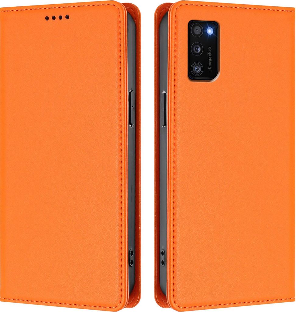 Handyhülle für Samsung Galaxy A41, Kunstleder Klapphülle Stoßfeste Magnetische Hülle mit Ständer Orange