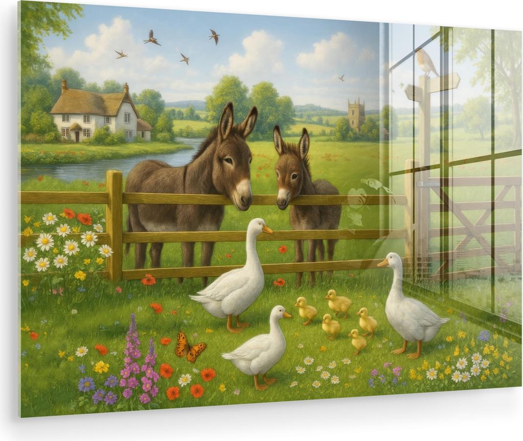 MuchoWow Glasbilder - Bilder auf Wandbild - Foto auf Glas Esel - Gänse - Farbenfroh 120x80 cm Wanddekoration aus Glas - Acrylglasbild - Acrylbilde...