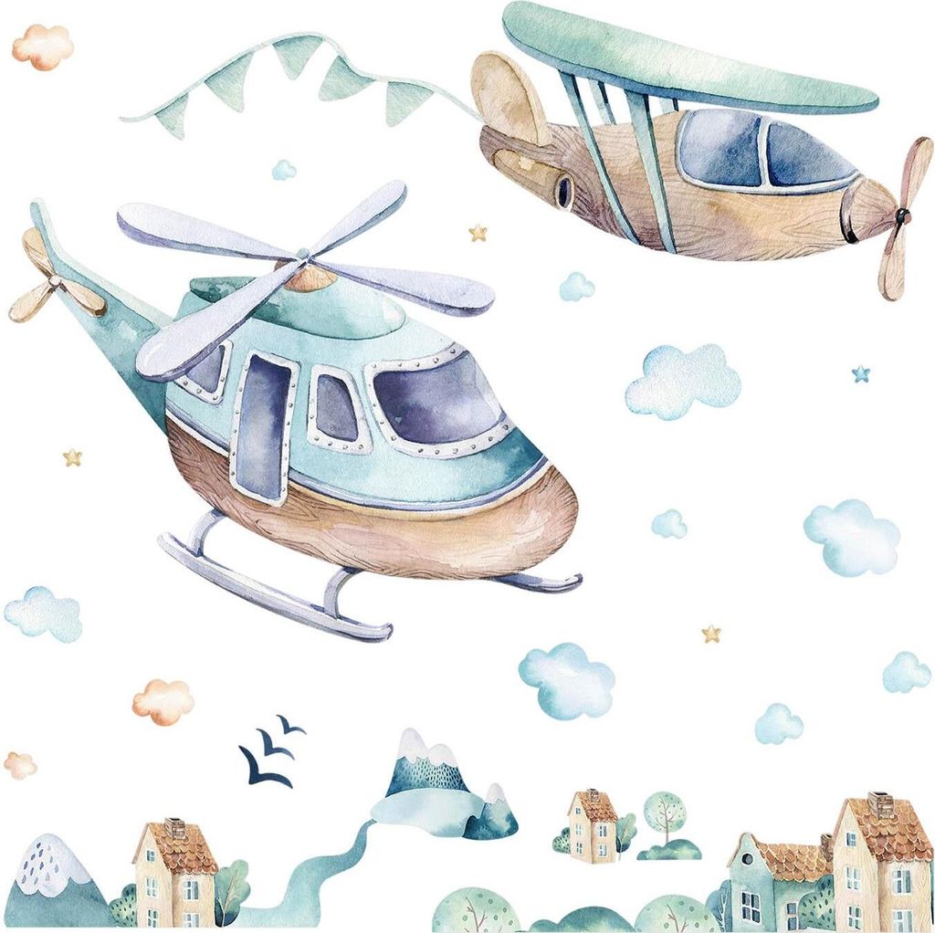 Hubschrauber und Flugzeug– Wanddekor Kinderzimmer – Selbstklebende Wandsticker – Motivtapeten Set – Wandgestaltung – Wandbilder Kinder ...