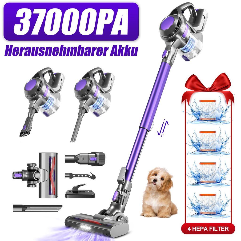 A collage of a purple and silver cordless vacuum cleaner, its accessories, and a small dog.
