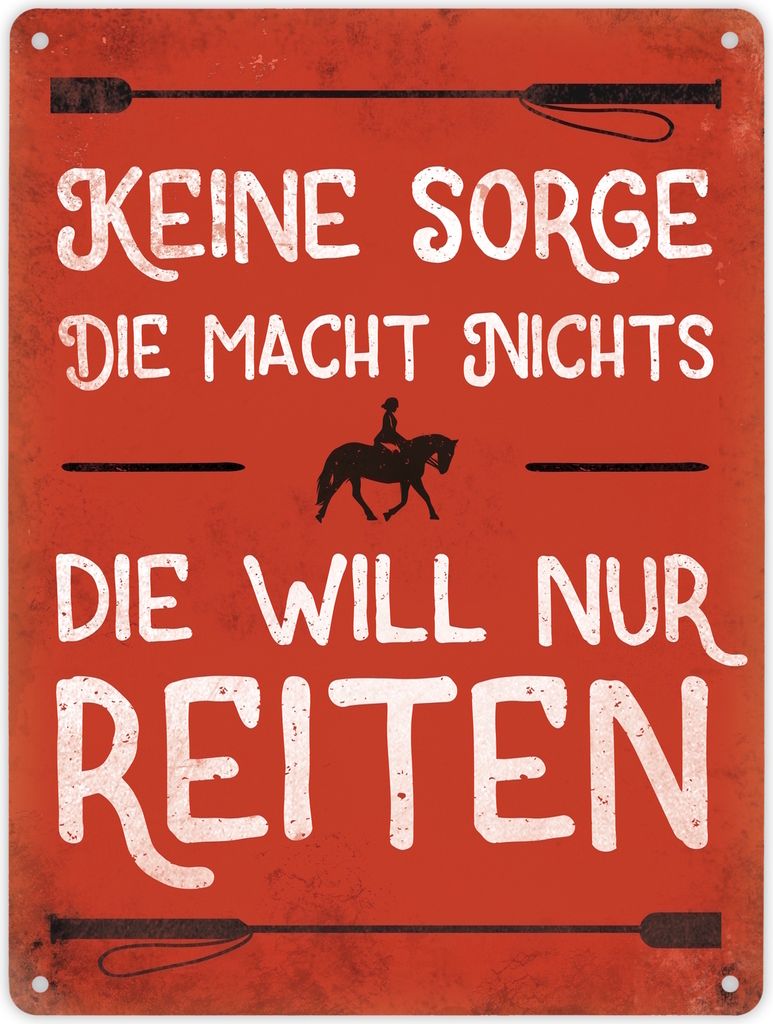 Metallschild XL mit Reiter Motiv und Spruch: Keine Sorge, die macht nichts. ...