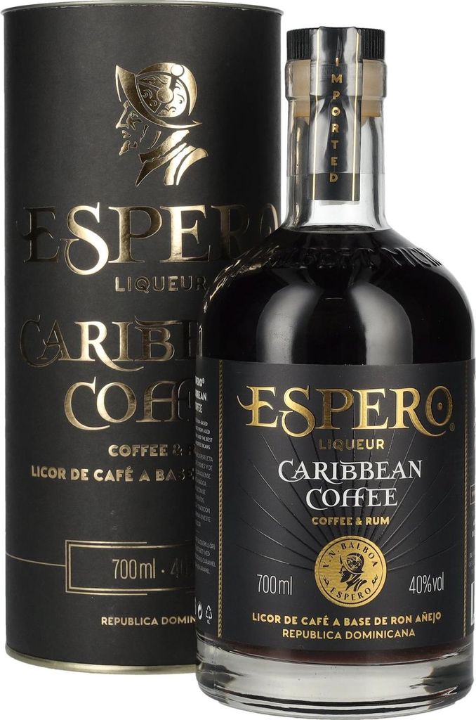 A bottle of Espero Caribbean Coffee liqueur and its cylindrical gift box are shown against a white background.