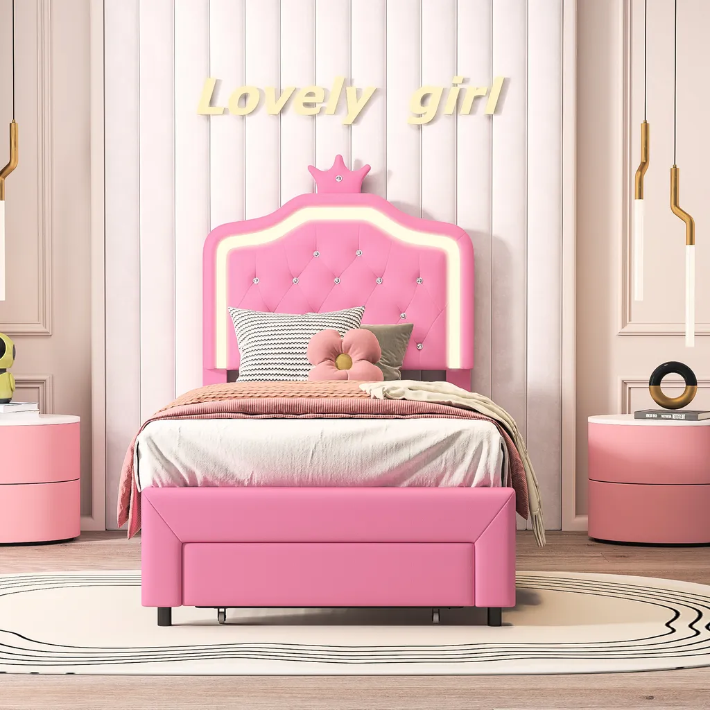 Lit simple 90x200 rose avec tête de lit réglable et rangements