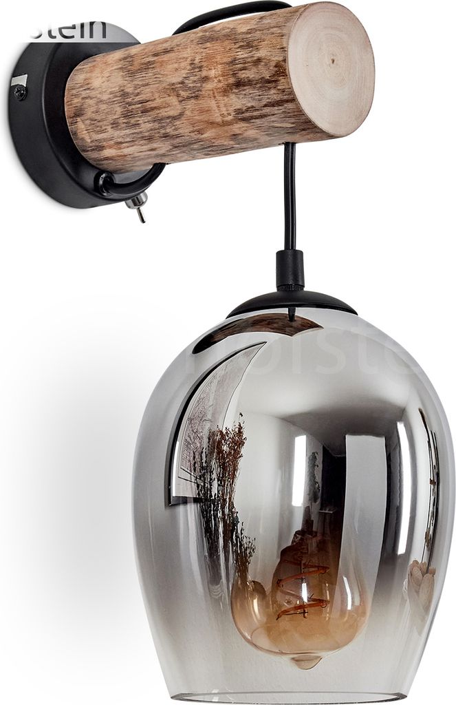Usigliano Wandlampe aus Metall/Holz/Glas in Schwarz/Natur/Chrom/Rauch/Klar