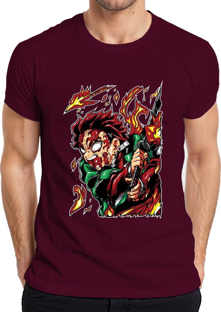 Dämonenjäger Samurai Katana Feuer Anime Geschenk Japan Y2K Streetwear Herren T-Shirt, Burgundy, 3XL