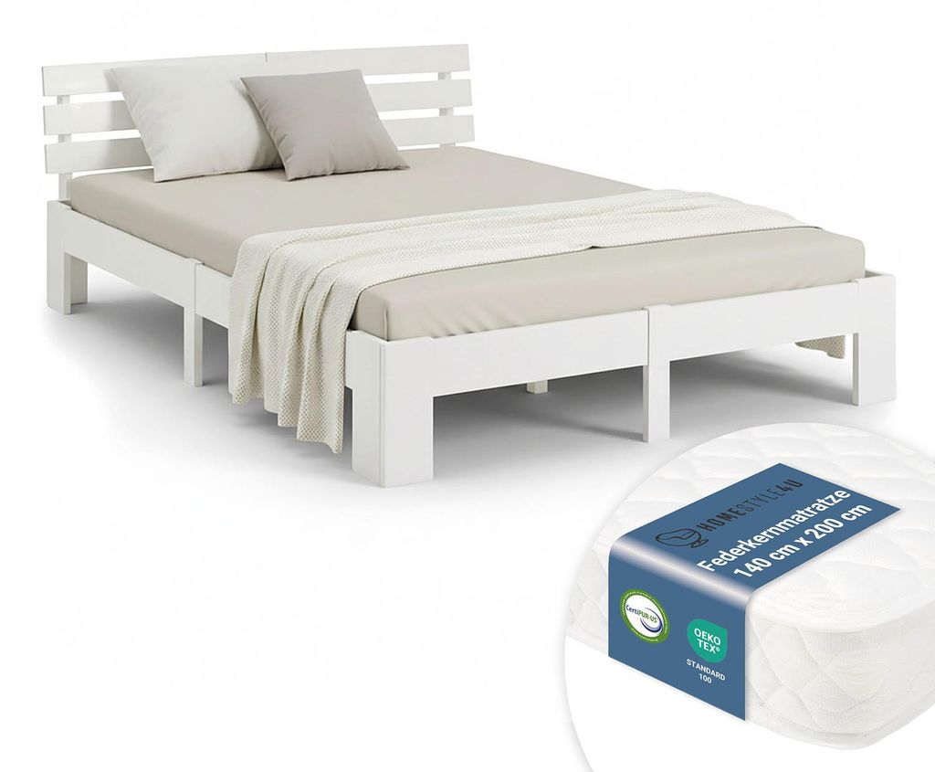 Homestyle4u Masívna drevená posteľ 140x200, biela – Posteľ Obrázok produktu 