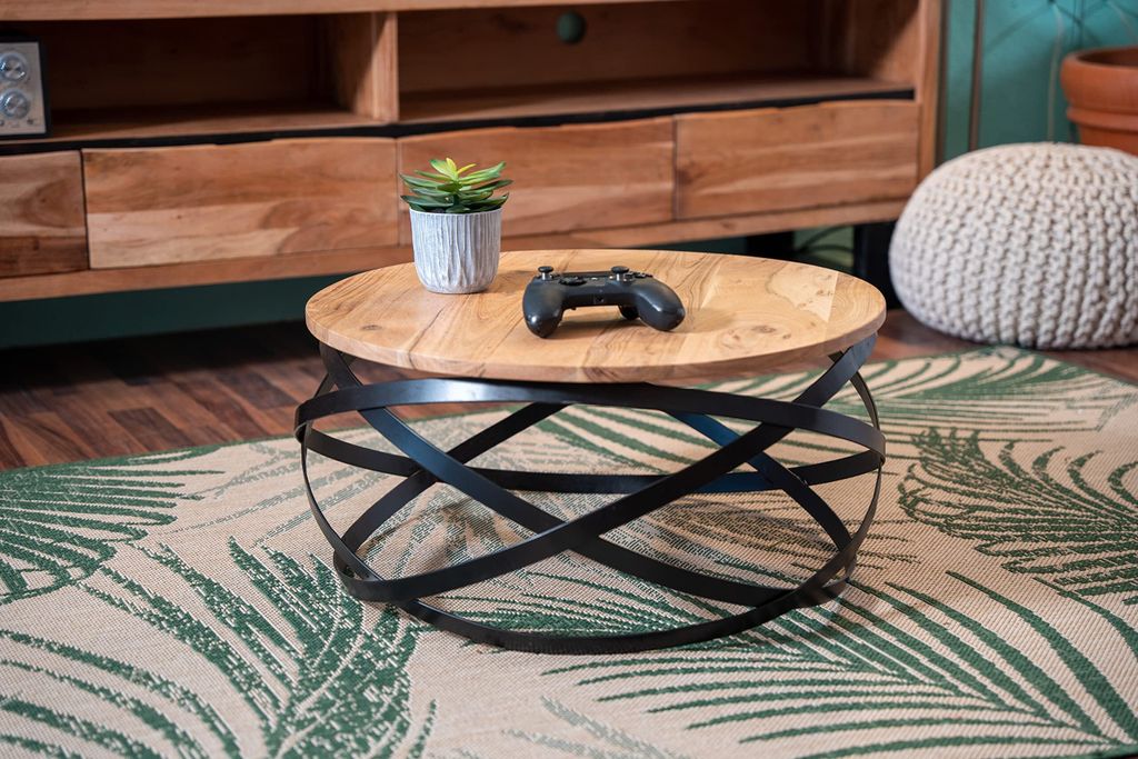 Couchtisch Allison, Akazienholz massiv + naturfarben, runder Sofatisch mit schwarzem Metallgestell, Industrial-Design, 60x60x30 cm