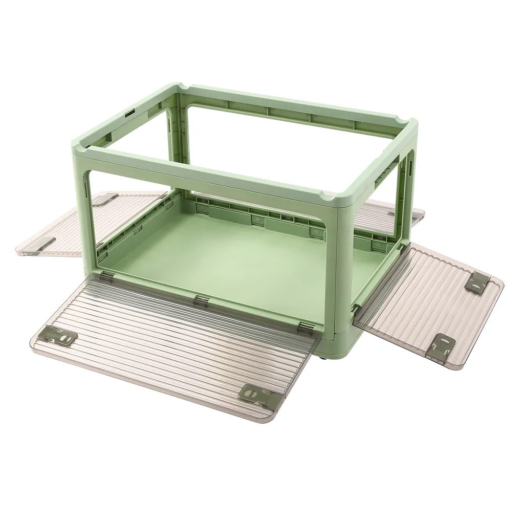 Caisse de rangement pliable empilable avec accès frontal et roulettes