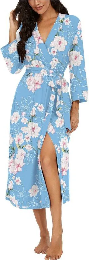 Robe de chambre longue chaude anti-froid en tricot bleu ciel capuche XL