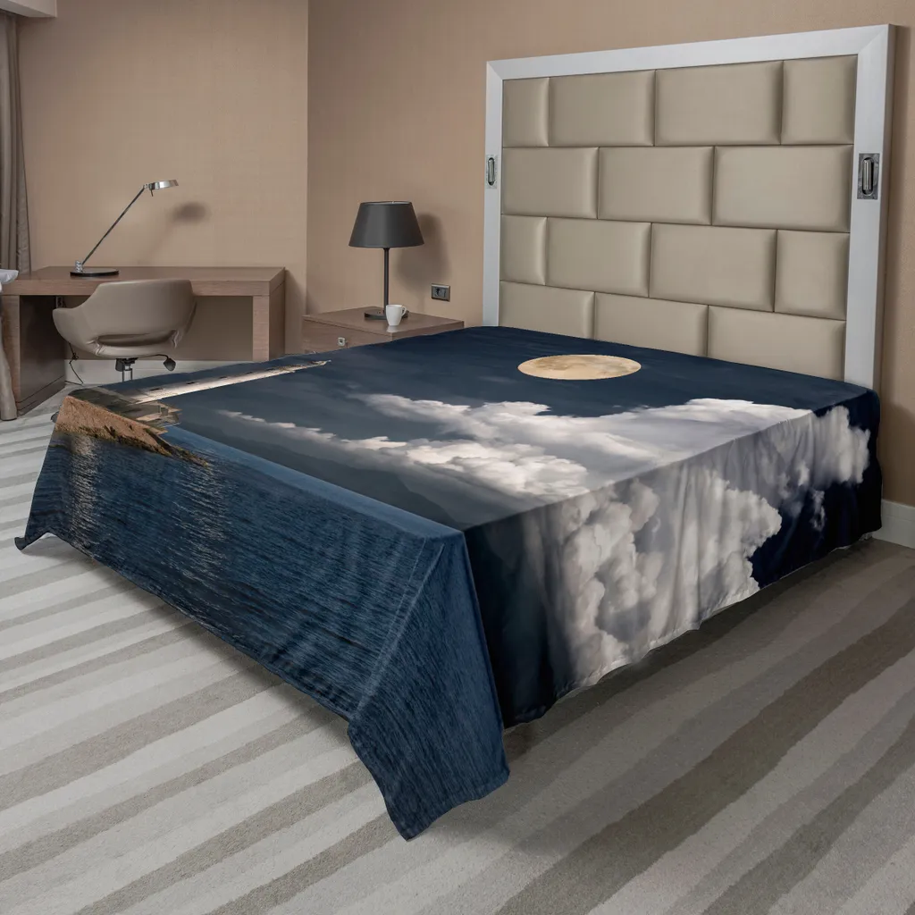 Drap plat décoratif motif Mer et Phare pour grand lit double 260x228cm